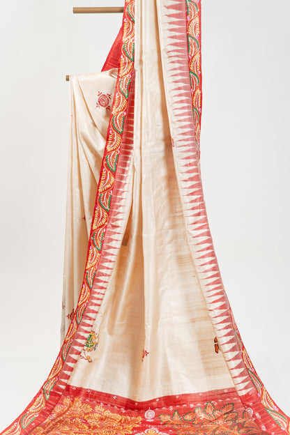 Natural Beige & Maroon Hand-Painted Tussar Silk Saree