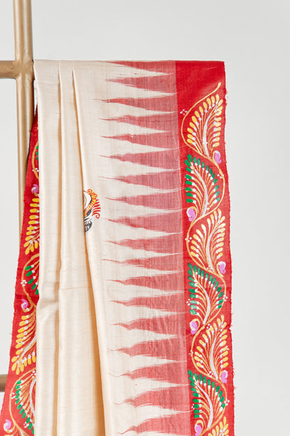 Natural Beige & Maroon Hand-Painted Tussar Silk Saree