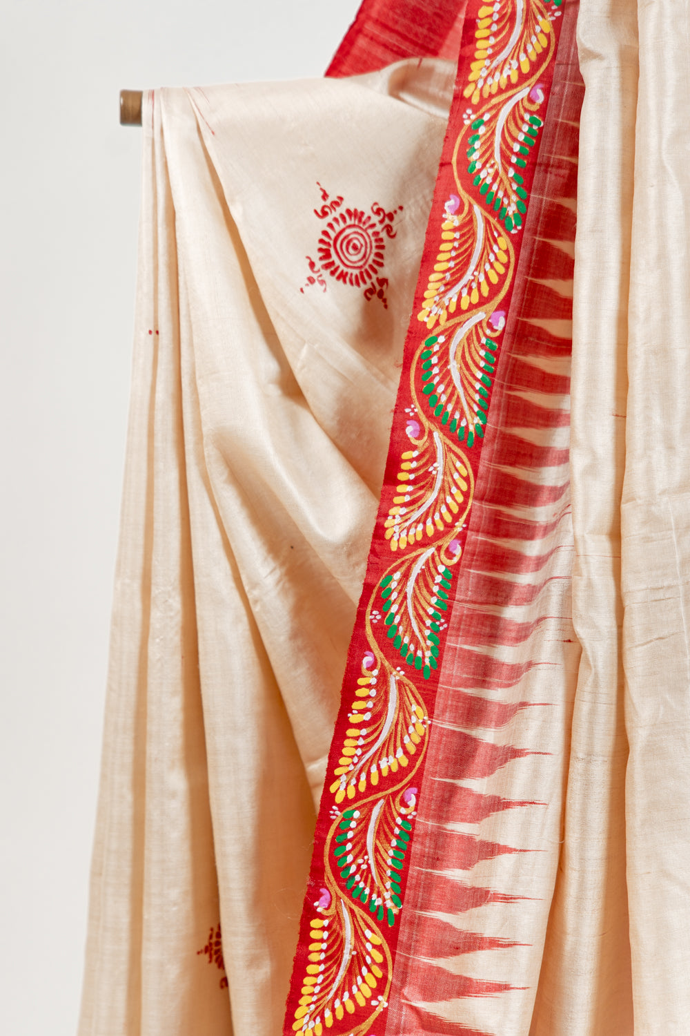Natural Beige & Maroon Hand-Painted Tussar Silk Saree