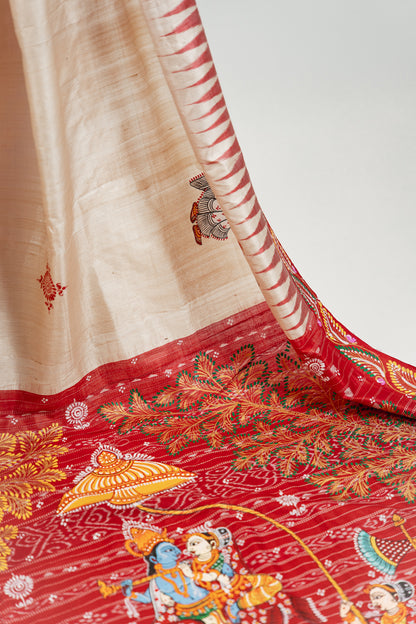 Natural Beige & Maroon Hand-Painted Tussar Silk Saree