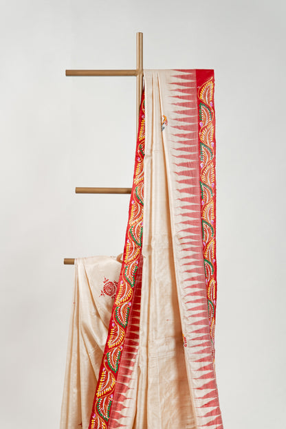 Natural Beige & Maroon Hand-Painted Tussar Silk Saree