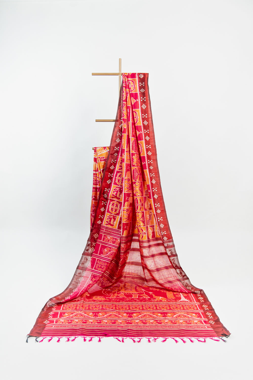 Maroon & Tangerine Orange Khandua Silk Saree with Jagannath Ikat Motifs