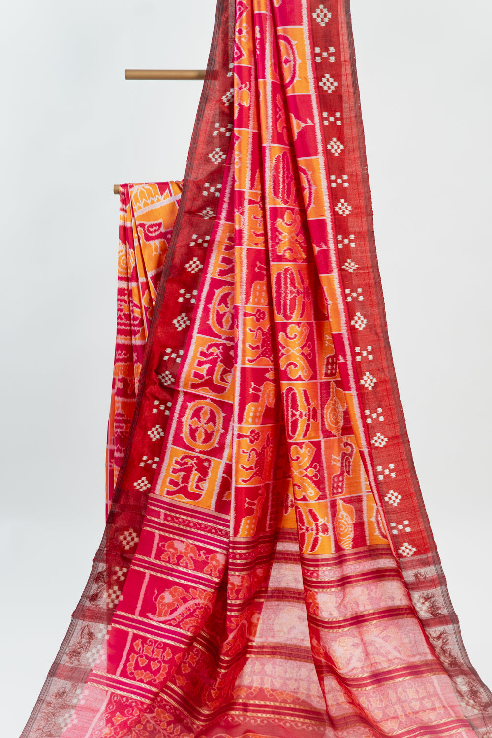 Maroon & Tangerine Orange Khandua Silk Saree with Jagannath Ikat Motifs