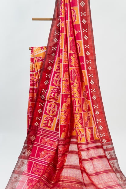 Maroon & Tangerine Orange Khandua Silk Saree with Jagannath Ikat Motifs