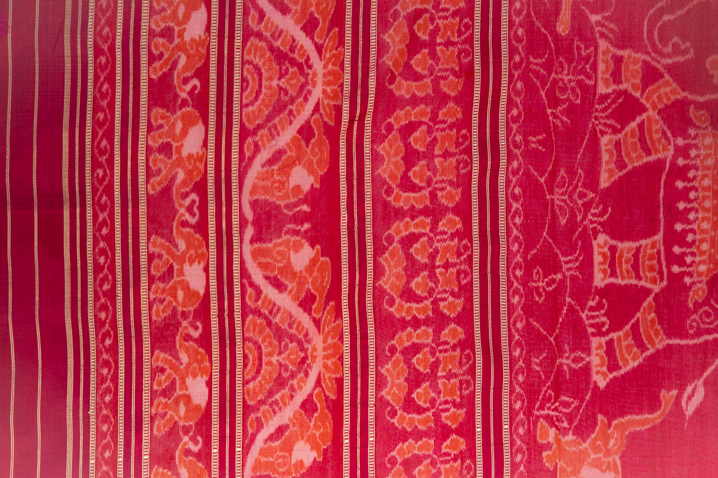 Maroon & Tangerine Orange Khandua Silk Saree with Jagannath Ikat Motifs