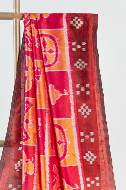Maroon & Tangerine Orange Khandua Silk Saree with Jagannath Ikat Motifs