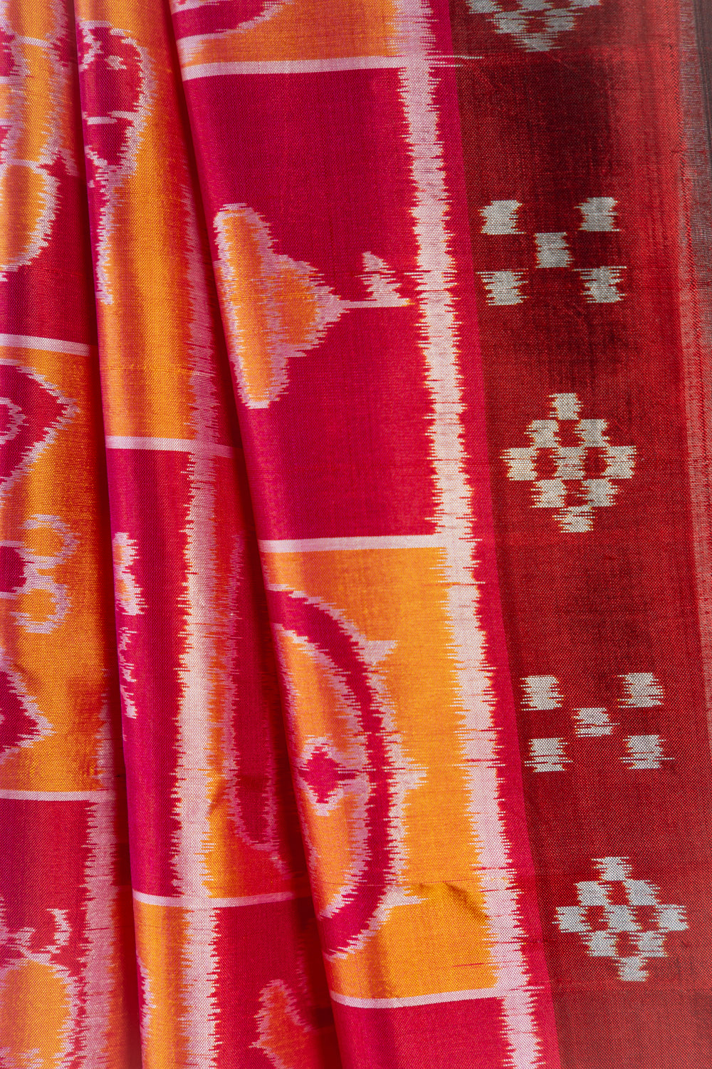 Maroon & Tangerine Orange Khandua Silk Saree with Jagannath Ikat Motifs