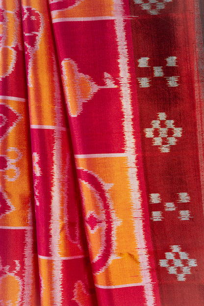 Maroon & Tangerine Orange Khandua Silk Saree with Jagannath Ikat Motifs