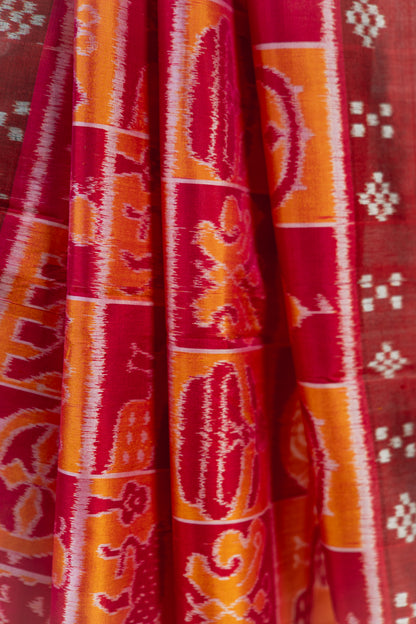 Maroon & Tangerine Orange Khandua Silk Saree with Jagannath Ikat Motifs