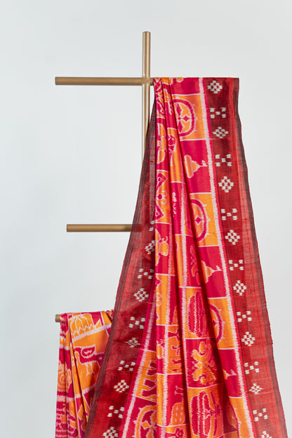 Maroon & Tangerine Orange Khandua Silk Saree with Jagannath Ikat Motifs