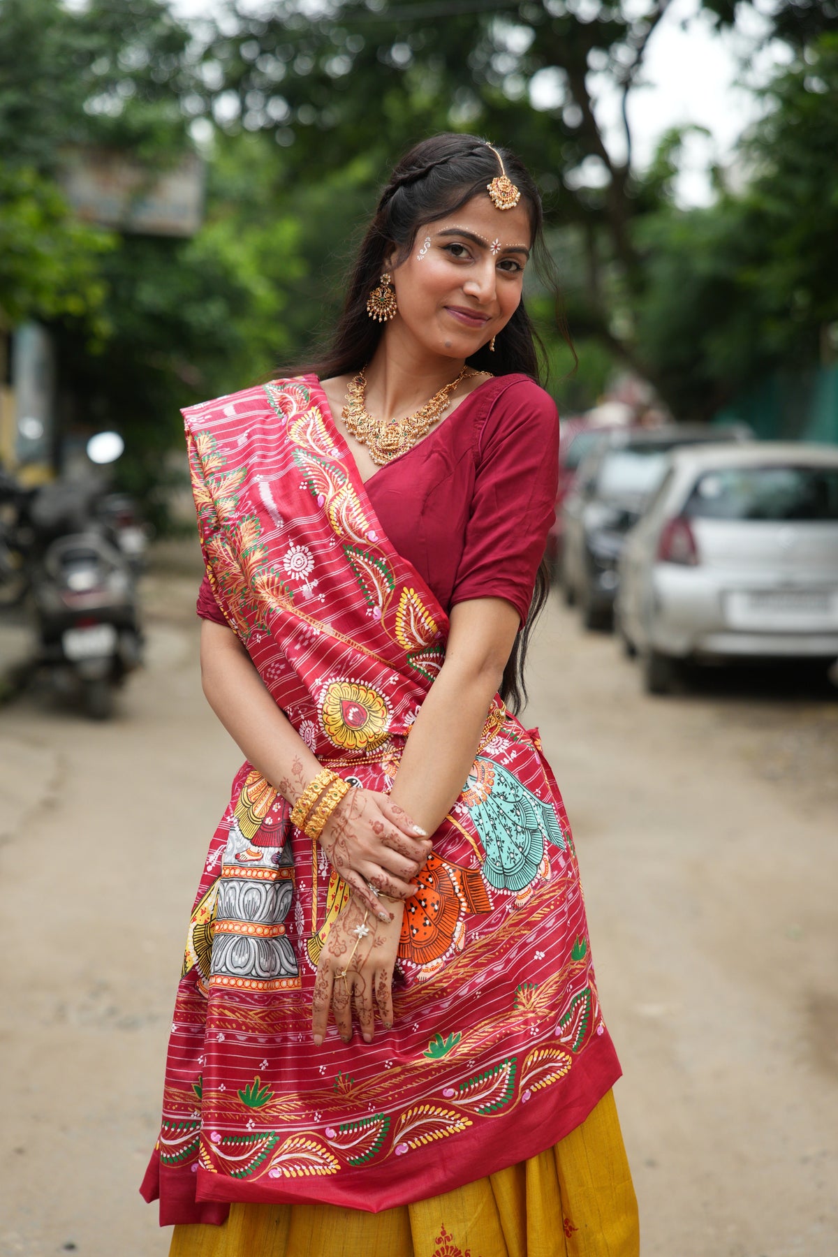 Mustard Gold & Crimson Hand-Painted Tussar Silk Saree