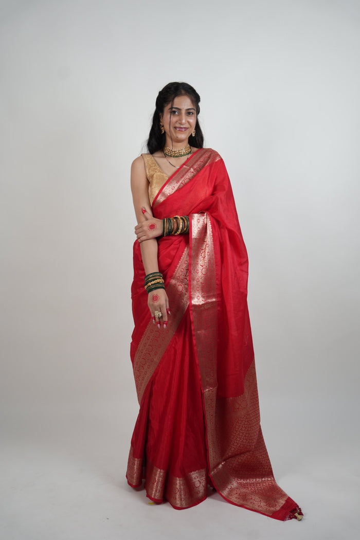 Vibrant Red Banarasi Silk Saree - Zari Floral Border