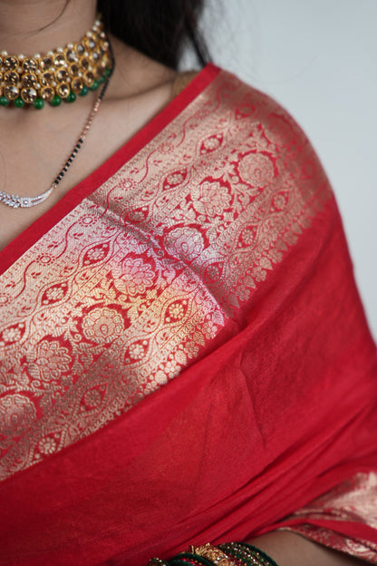 Vibrant Red Banarasi Silk Saree - Zari Floral Border