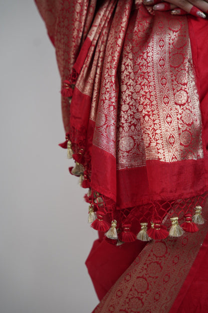 Vibrant Red Banarasi Silk Saree - Zari Floral Border