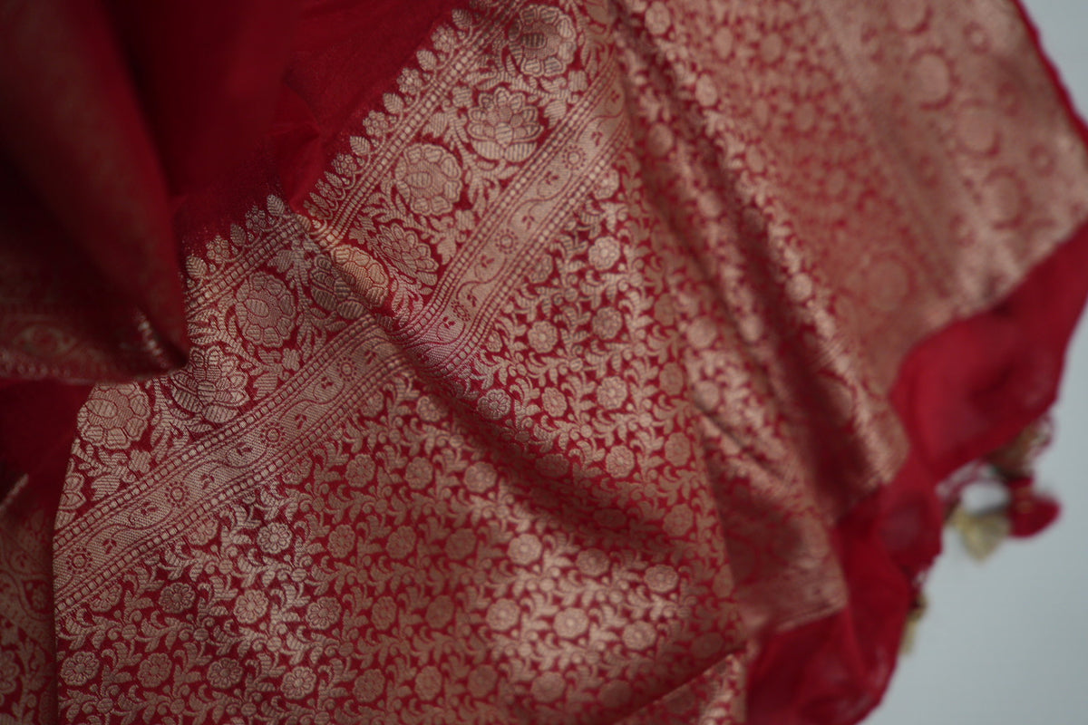 Vibrant Red Banarasi Silk Saree - Zari Floral Border