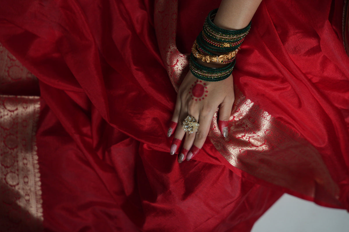 Vibrant Red Banarasi Silk Saree - Zari Floral Border