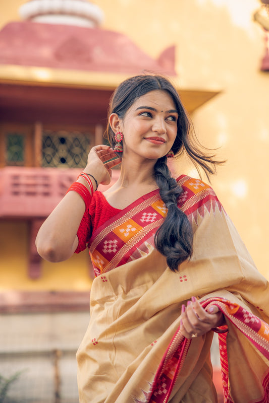 Metallic Gold & Maroon Khandua Silk Handwoven Saree | Traditional Box Ikat Border