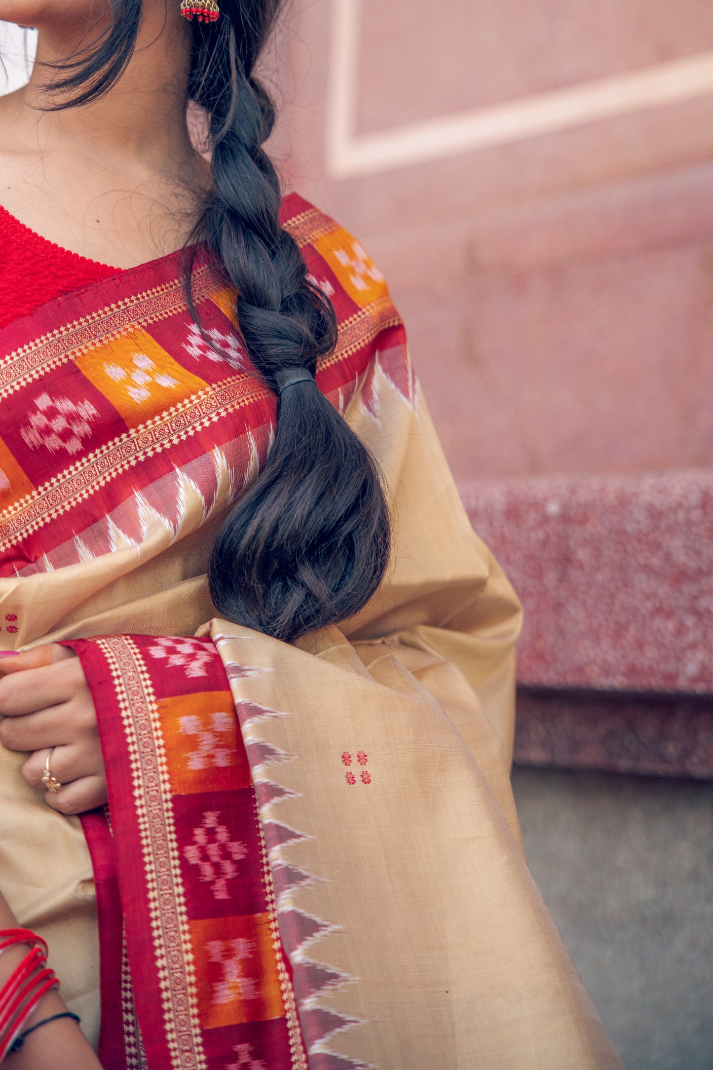 Metallic Gold & Maroon Khandua Silk Handwoven Saree | Traditional Box Ikat Border
