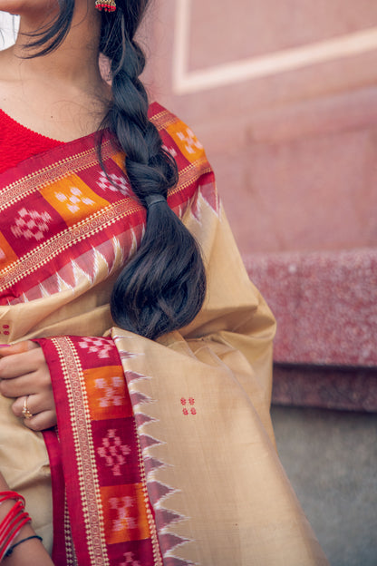 Metallic Gold & Maroon Khandua Silk Handwoven Saree | Traditional Box Ikat Border