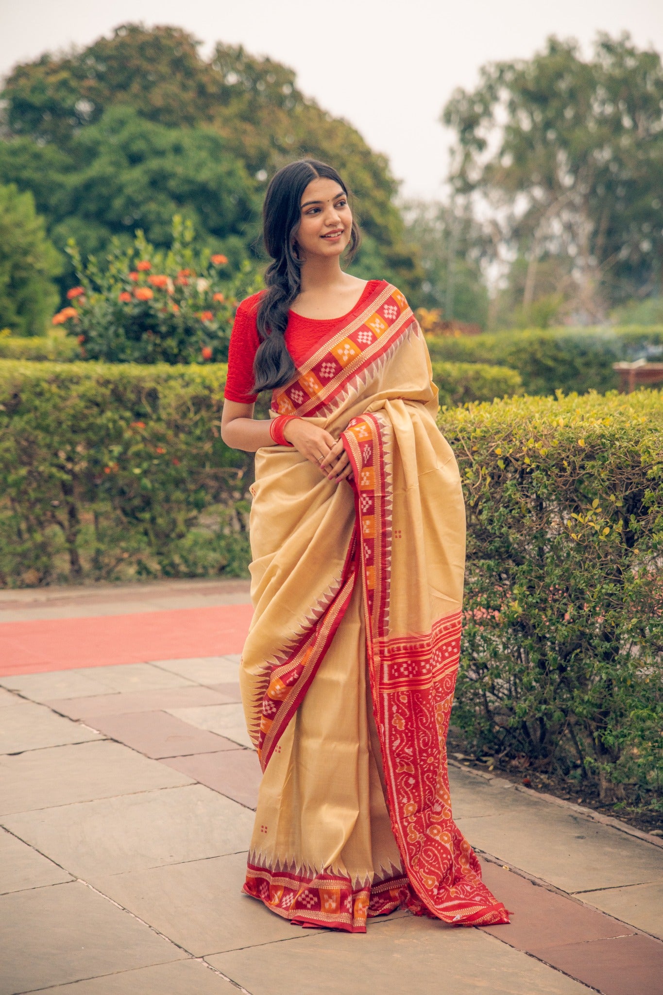 Metallic Gold & Maroon Khandua Silk Handwoven Saree | Traditional Box Ikat Border
