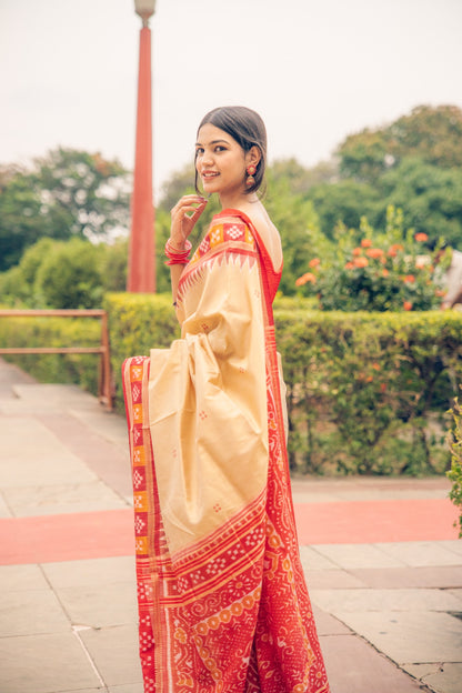 Metallic Gold & Maroon Khandua Silk Handwoven Saree | Traditional Box Ikat Border