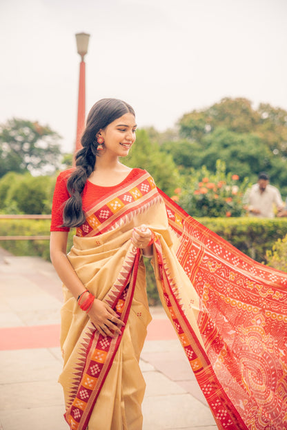 Metallic Gold & Maroon Khandua Silk Handwoven Saree | Traditional Box Ikat Border
