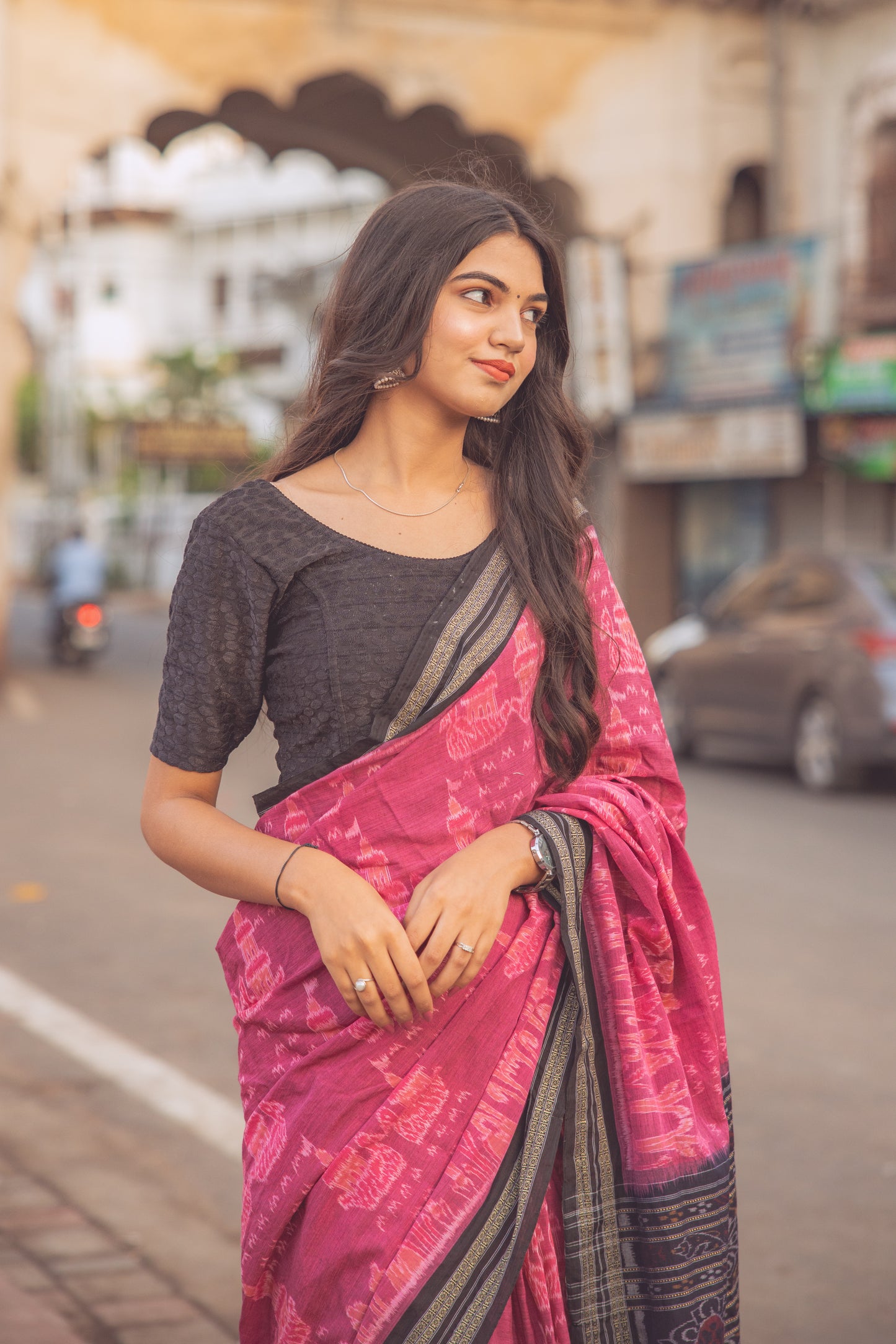 Maroon Sambalpuri Cotton Handloom Saree with Elephant & Temple Motifs | Atulyakarigari