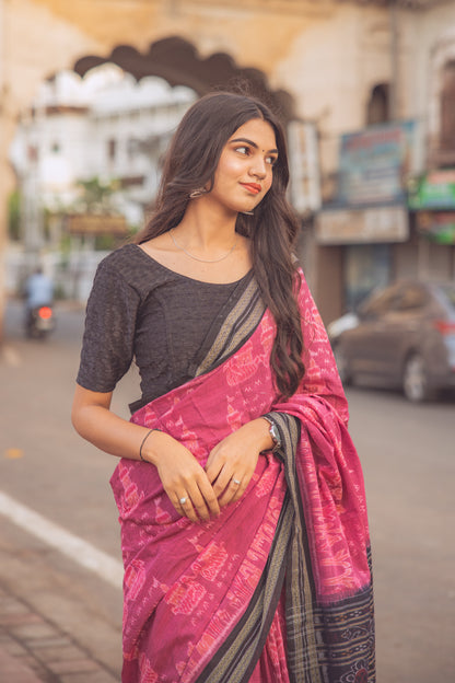 Maroon Sambalpuri Cotton Handloom Saree with Elephant & Temple Motifs | Atulyakarigari