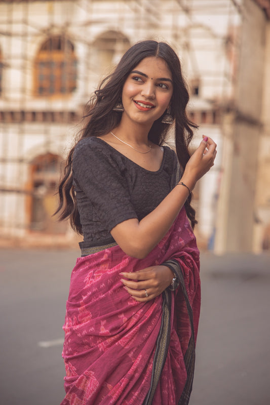 Maroon Sambalpuri Cotton Handloom Saree with Elephant & Temple Motifs | Atulyakarigari