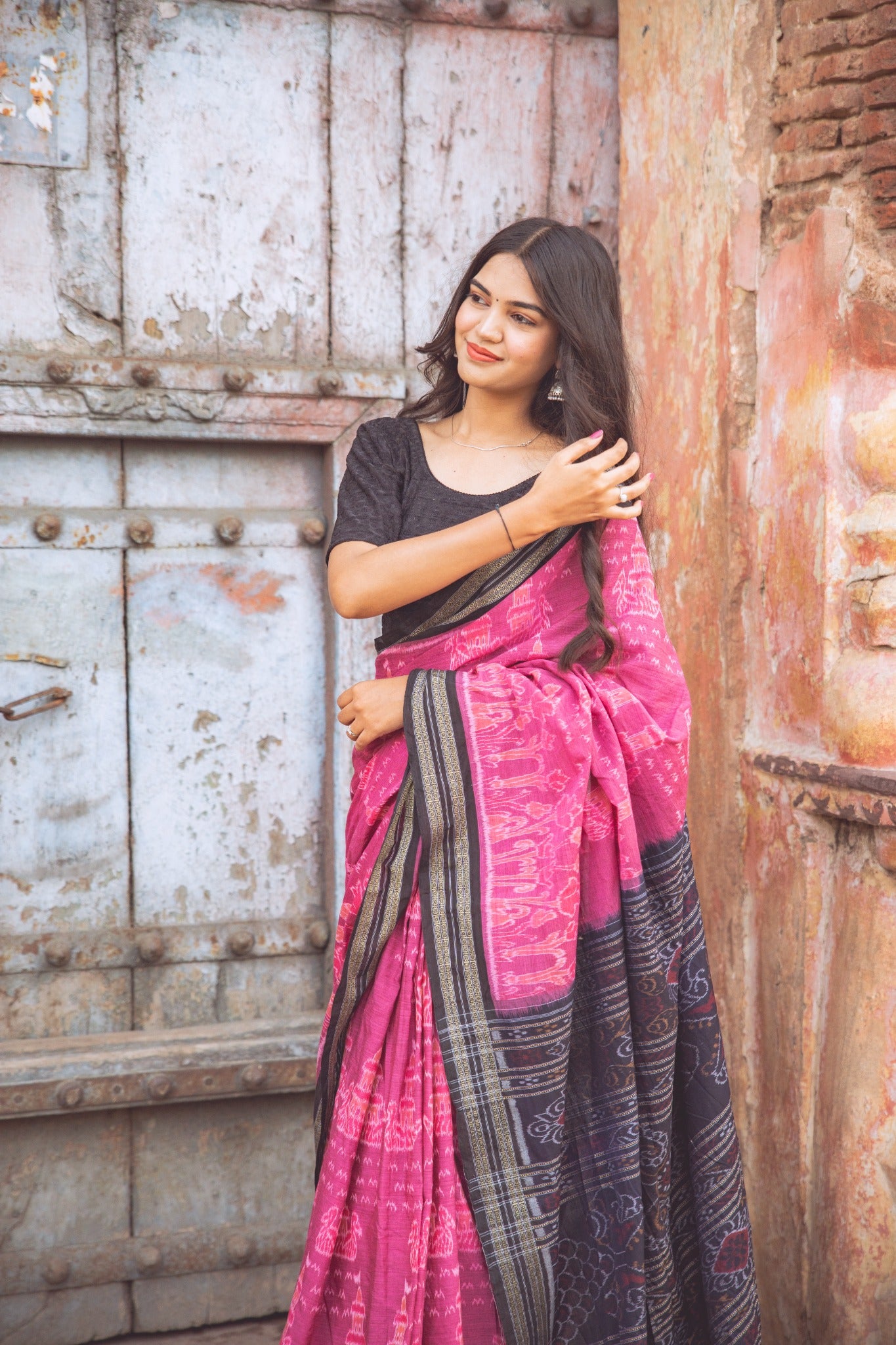 Maroon Sambalpuri Cotton Handloom Saree with Elephant & Temple Motifs | Atulyakarigari