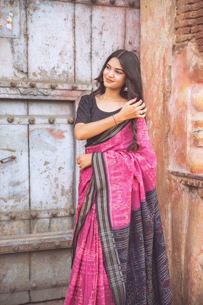 Maroon Sambalpuri Cotton Handloom Saree with Elephant & Temple Motifs | Atulyakarigari