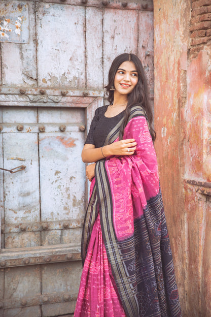 Maroon Sambalpuri Cotton Handloom Saree with Elephant & Temple Motifs | Atulyakarigari