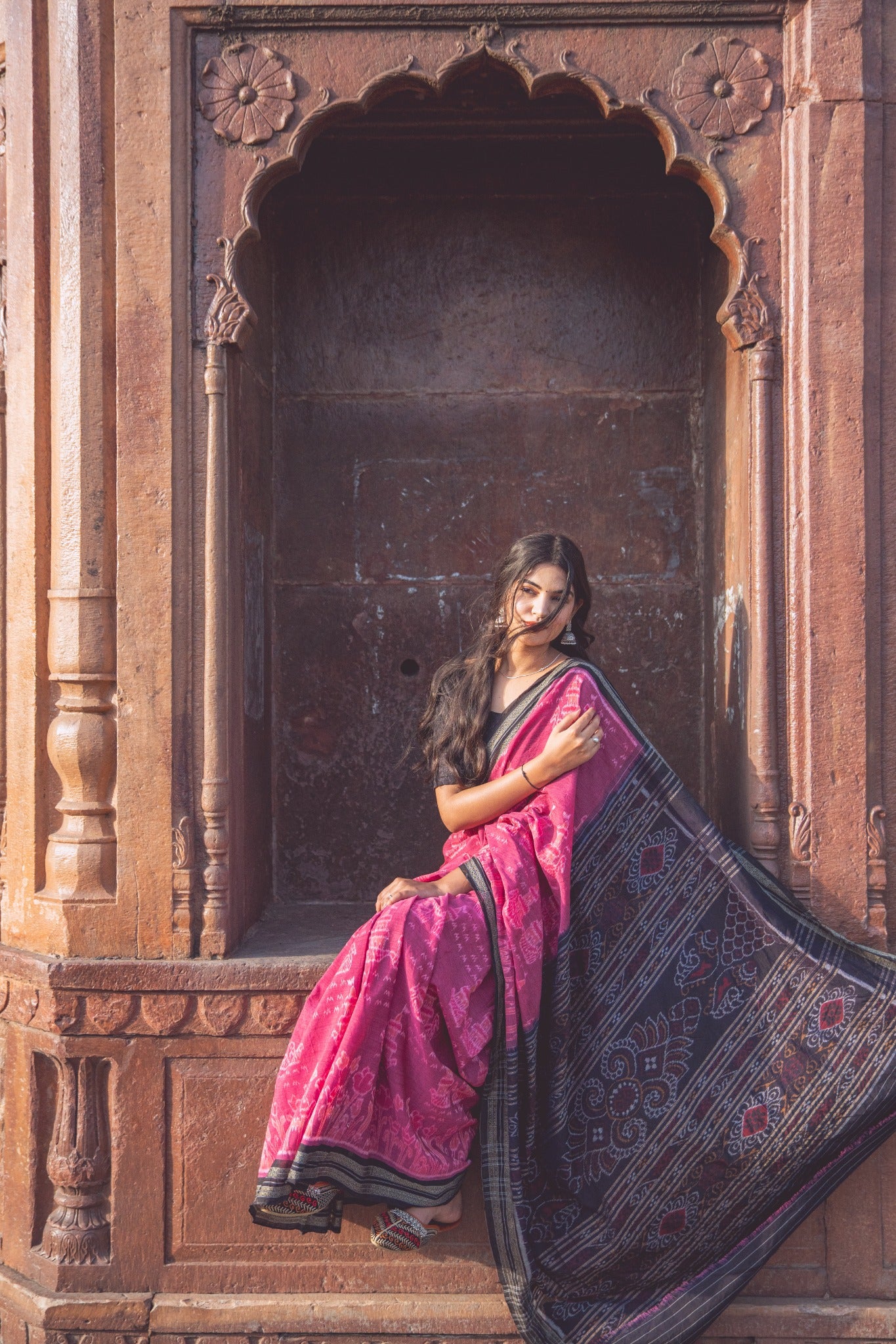 Maroon Sambalpuri Cotton Handloom Saree with Elephant & Temple Motifs | Atulyakarigari