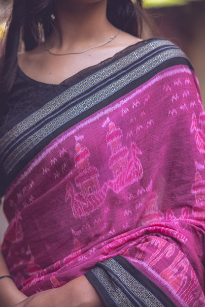 Maroon Sambalpuri Cotton Handloom Saree with Elephant & Temple Motifs | Atulyakarigari