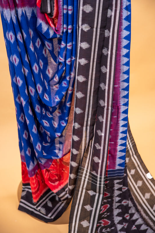 Handwoven Royal Blue Sambalpuri Cotton Saree with Heritage Ikat Design