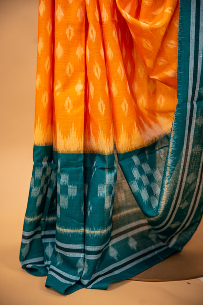 Orange Sambalpuri Cotton Handloom Saree with Teal Ikat Border | Atulyakarigari