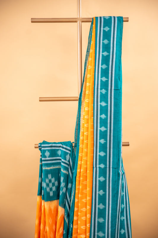 Marigold Orange Sambalpuri Cotton Handloom Saree with turquoise block | Atulyakarigari
