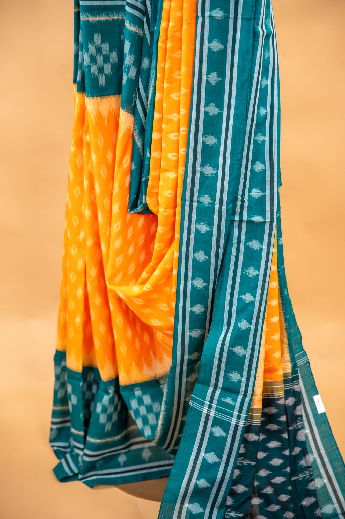 Orange Sambalpuri Cotton Handloom Saree with Teal Ikat Border | Atulyakarigari