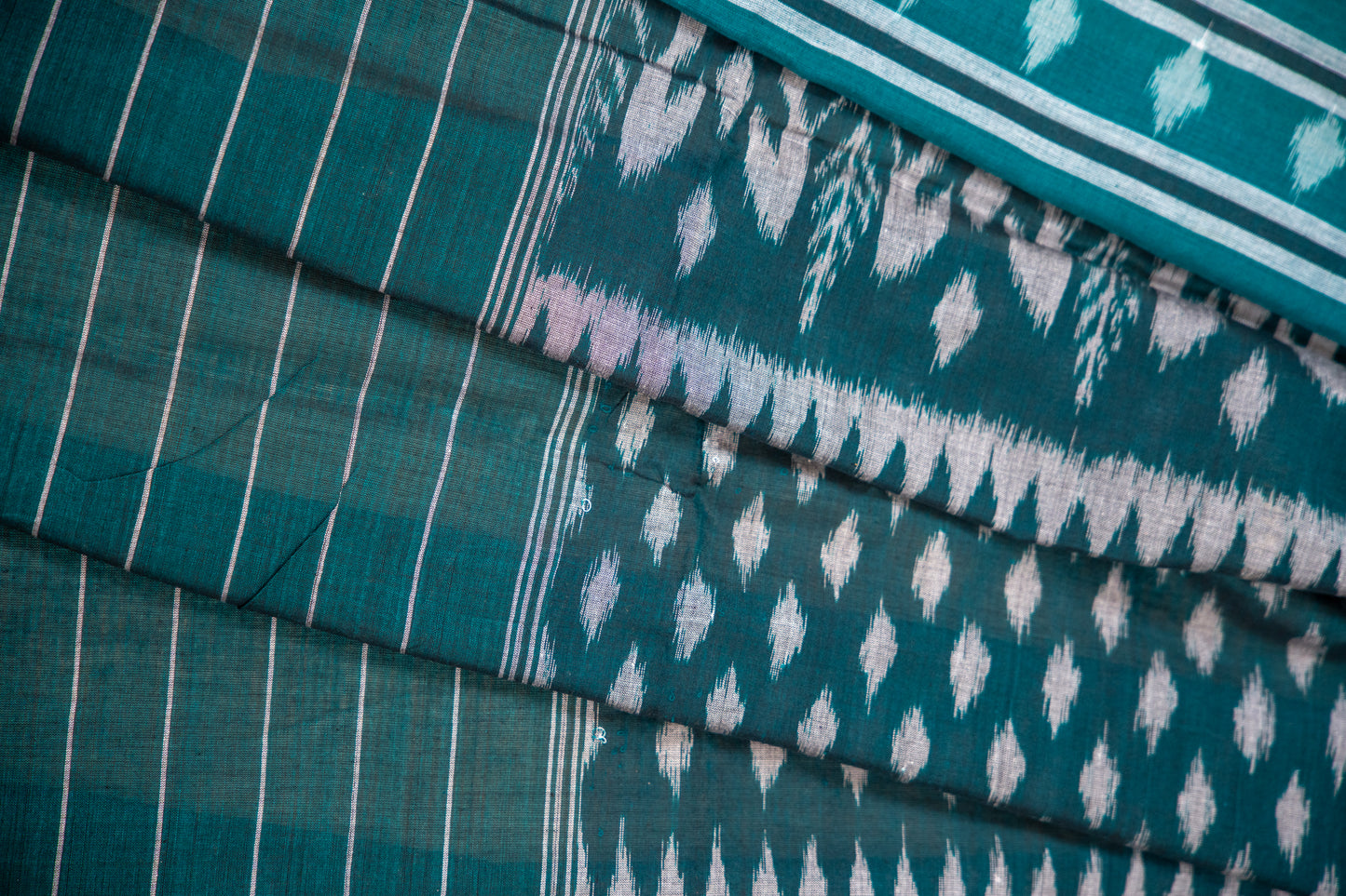 Orange Sambalpuri Cotton Handloom Saree with Teal Ikat Border | Atulyakarigari