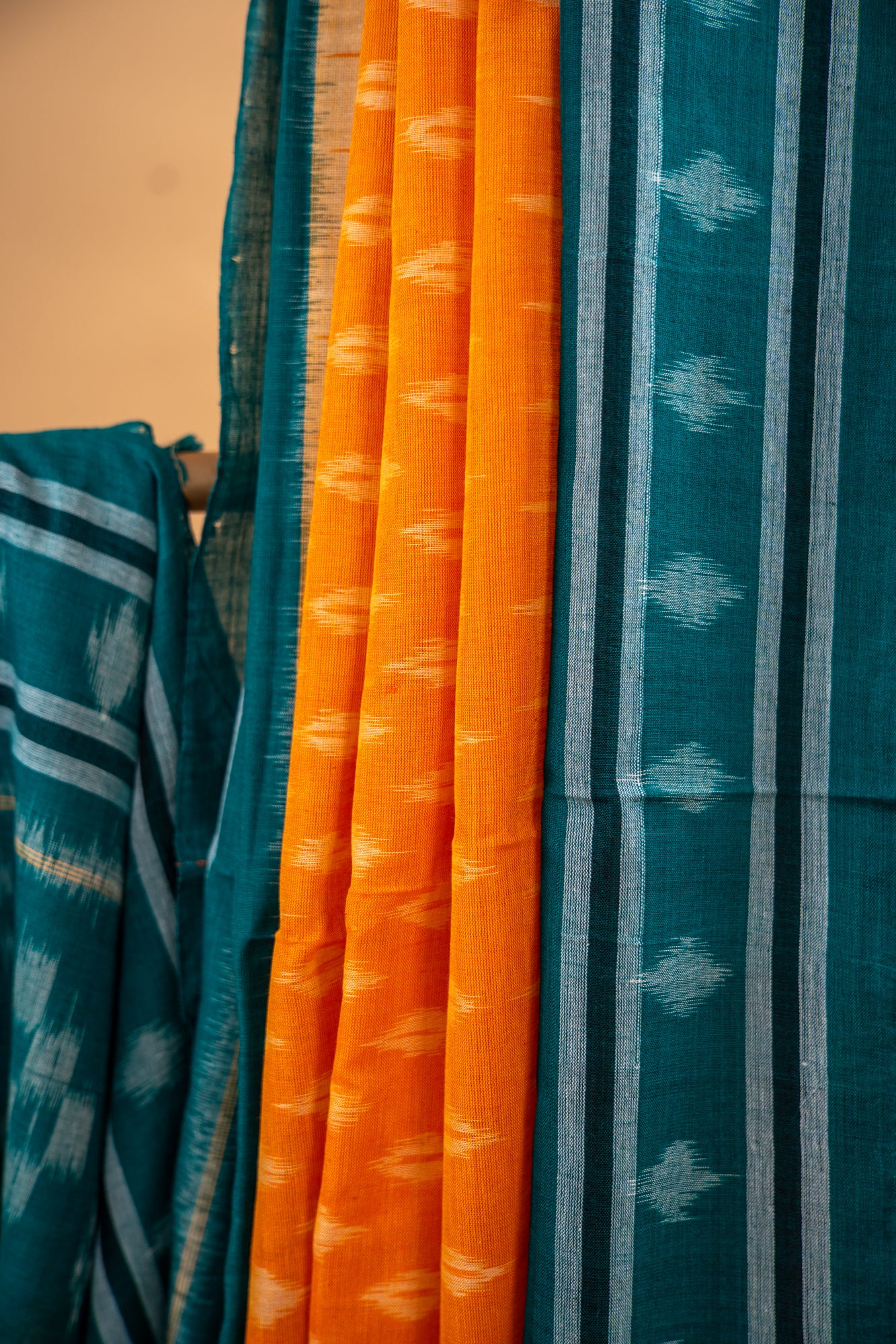 Orange Sambalpuri Cotton Handloom Saree with Teal Ikat Border | Atulyakarigari