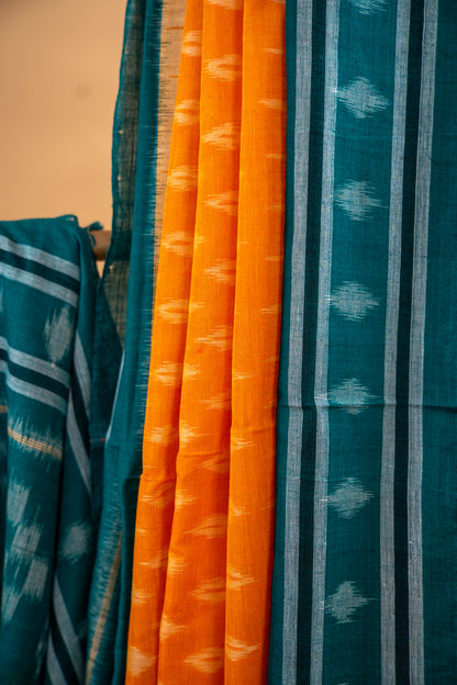 Orange Sambalpuri Cotton Handloom Saree with Teal Ikat Border | Atulyakarigari
