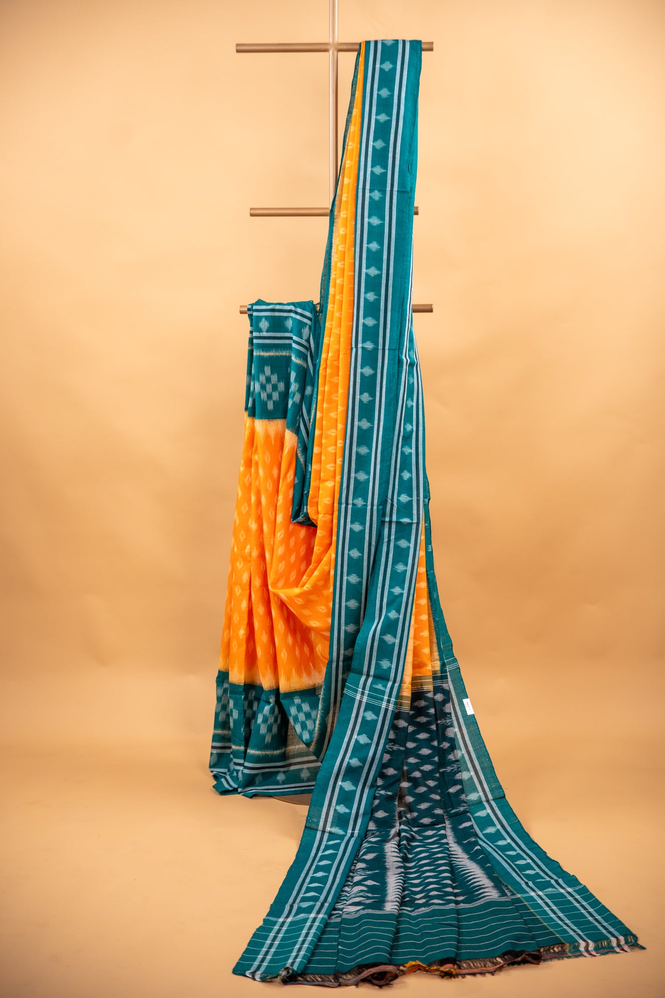 Orange Sambalpuri Cotton Handloom Saree with Teal Ikat Border | Atulyakarigari