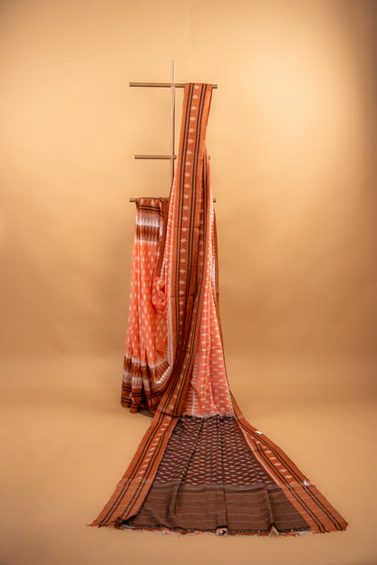 Apricot Orange Sambalpuri Cotton Handloom Saree with Temple Border | Atulyakarigari