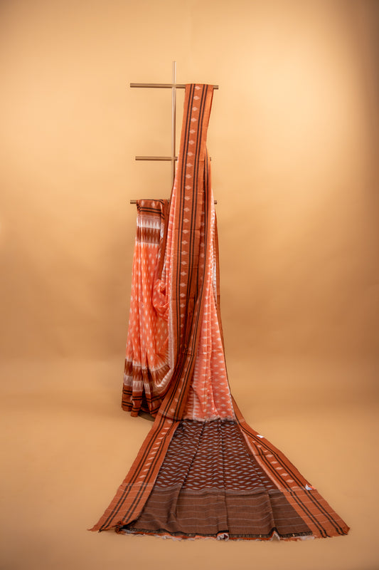Apricot Orange Sambalpuri Cotton Handloom Saree with Temple Border | Atulyakarigari