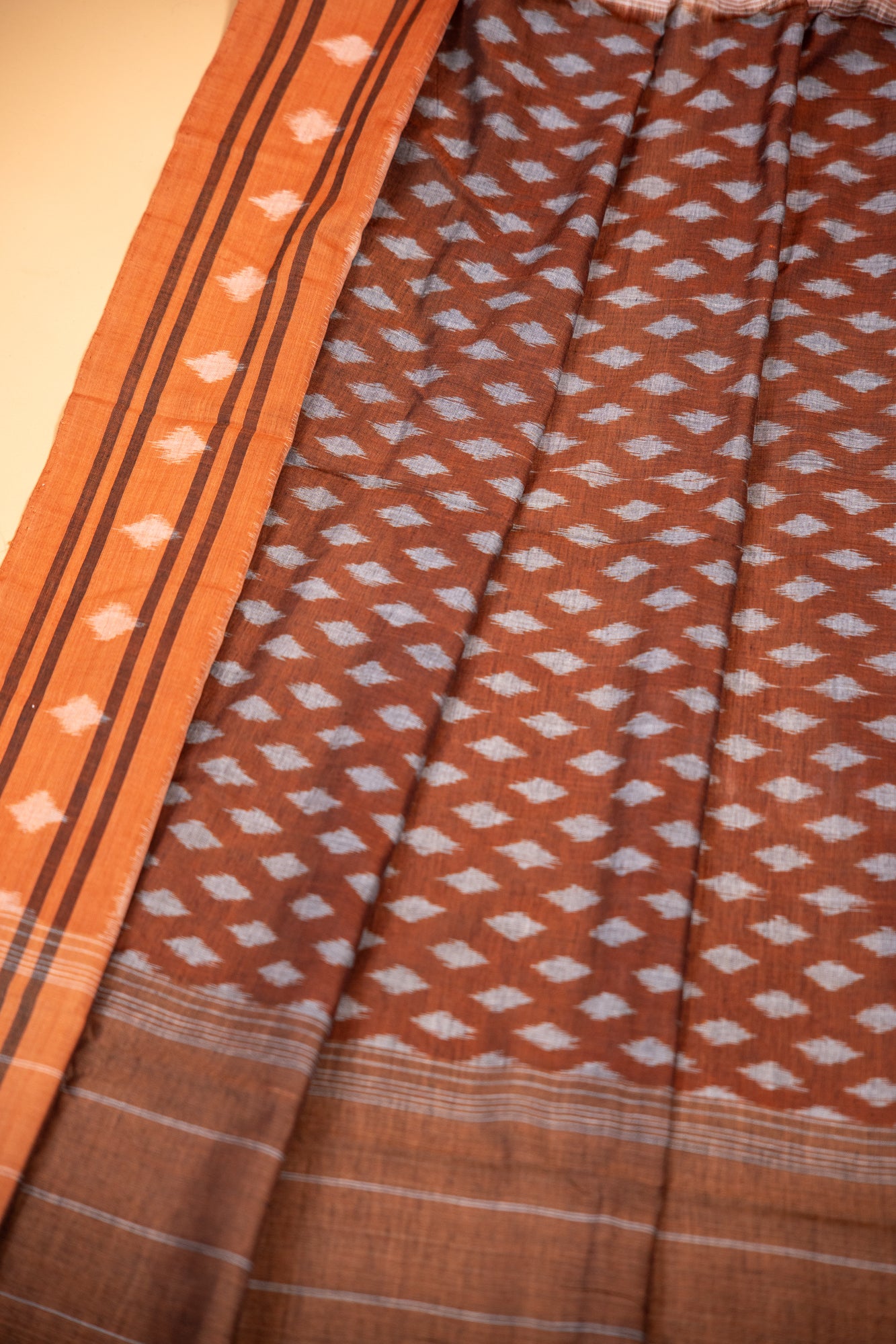 Apricot Orange Sambalpuri Cotton Handloom Saree with Temple Border | Atulyakarigari