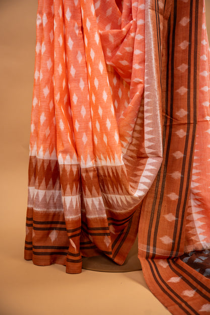 Apricot Orange Sambalpuri Cotton Handloom Saree with Temple Border | Atulyakarigari