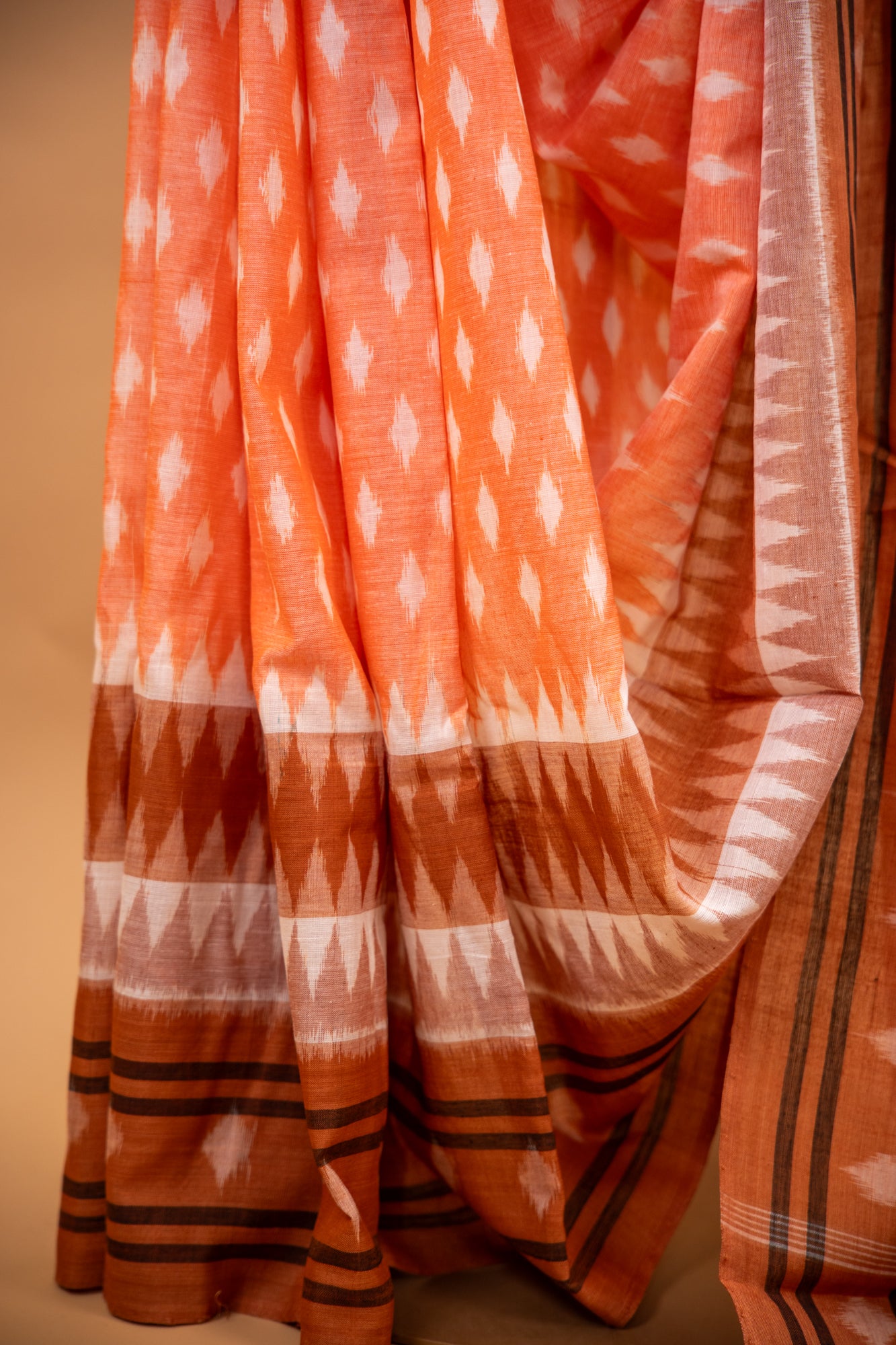 Apricot Orange Sambalpuri Cotton Handloom Saree with Temple Border | Atulyakarigari