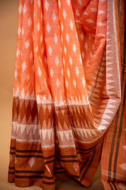 Apricot Orange Sambalpuri Cotton Handloom Saree with Temple Border | Atulyakarigari