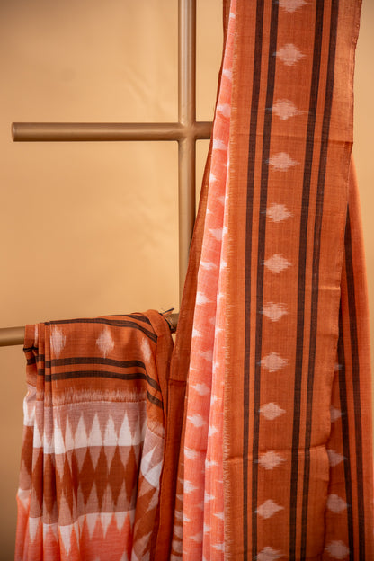 Apricot Orange Sambalpuri Cotton Handloom Saree with Temple Border | Atulyakarigari