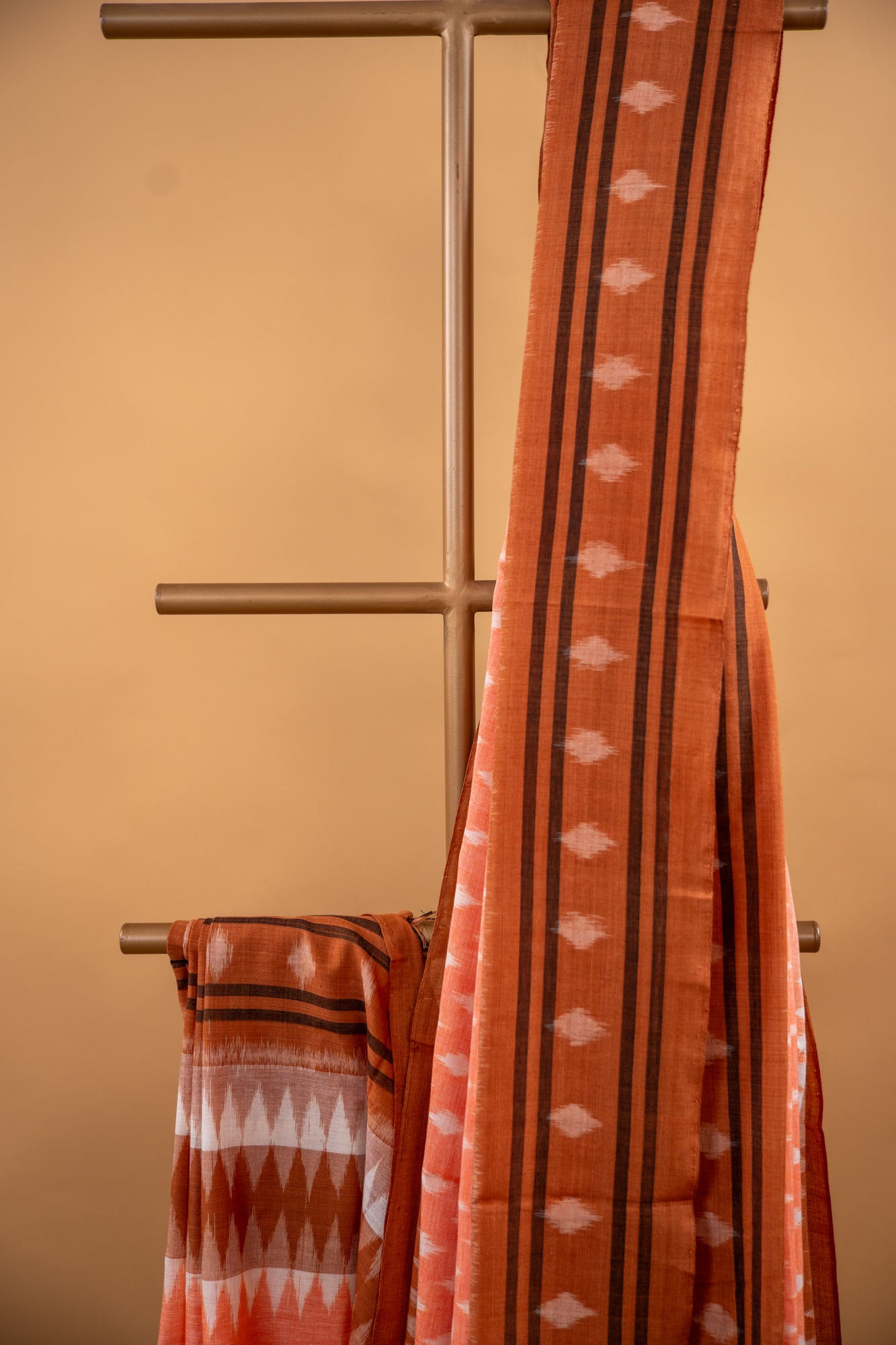 Apricot Orange Sambalpuri Cotton Handloom Saree with Temple Border | Atulyakarigari